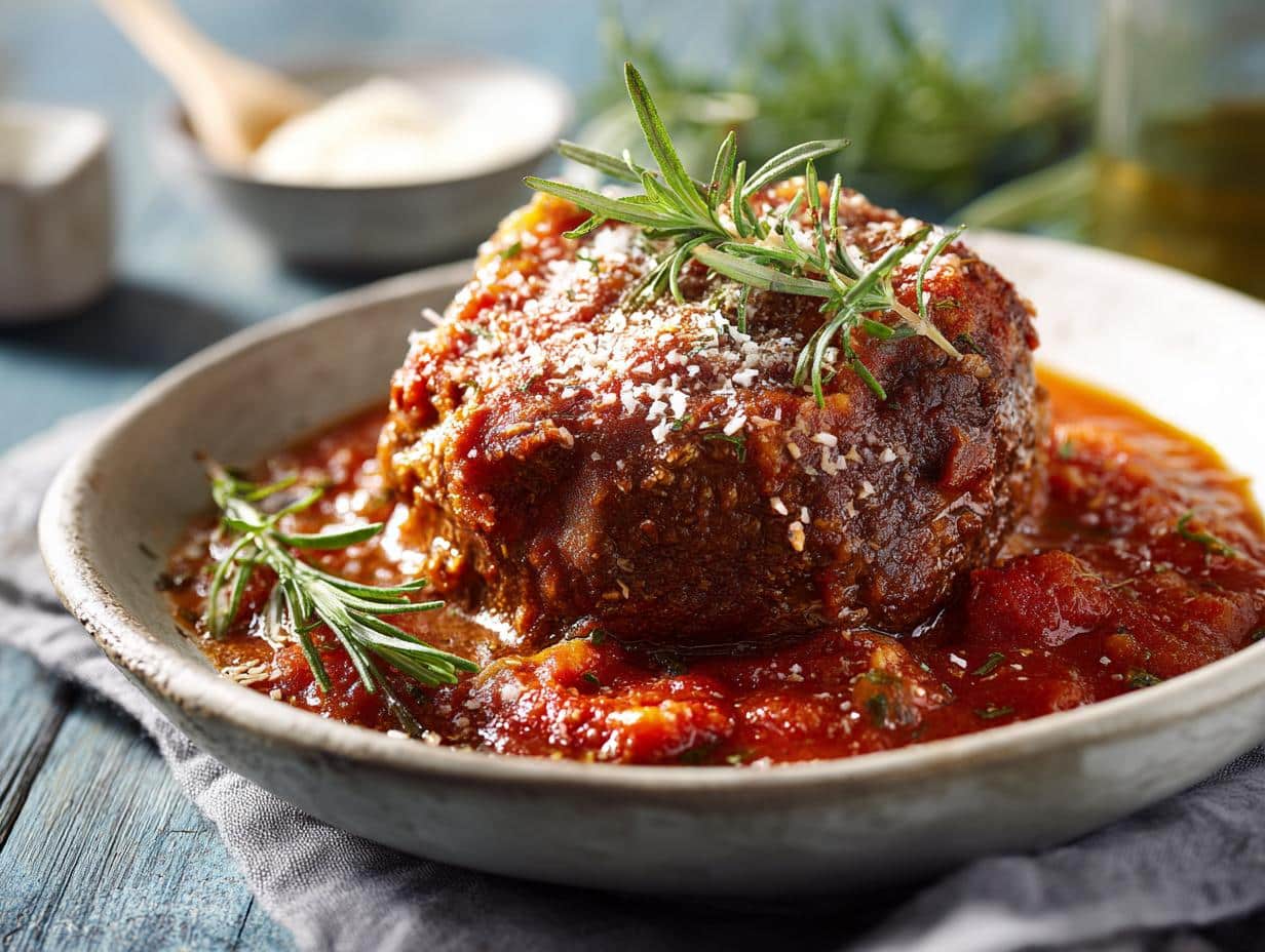 A large Italian meatball covered in tomato sauce, parmesan, and rosemary, perfect for the food babe.