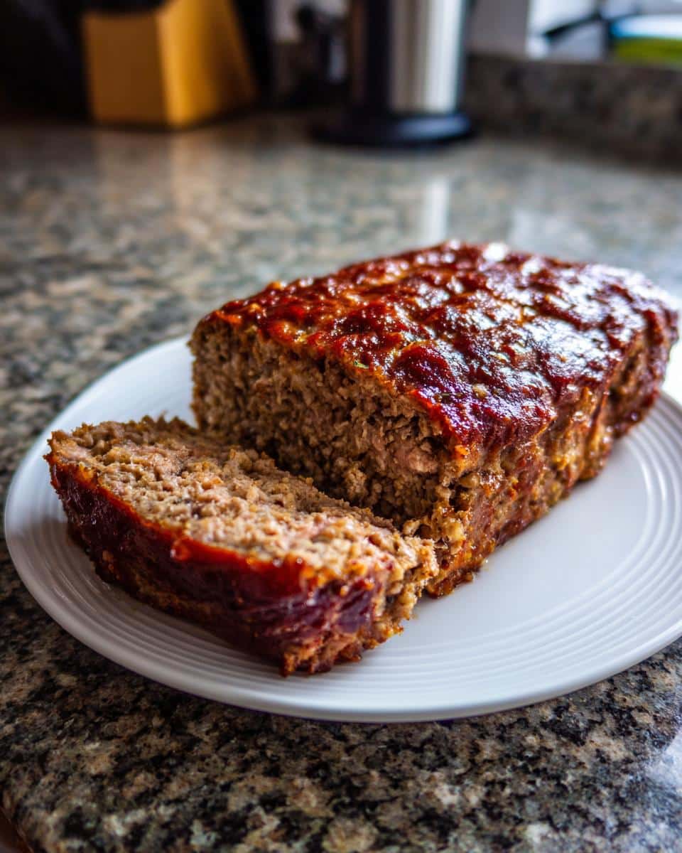A sliced Italian meatloaf with a glossy glaze sits on a white plate, ready to serve.