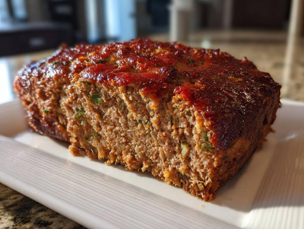 A delicious Italian meatloaf with a glazed topping, sitting on a white serving platter.