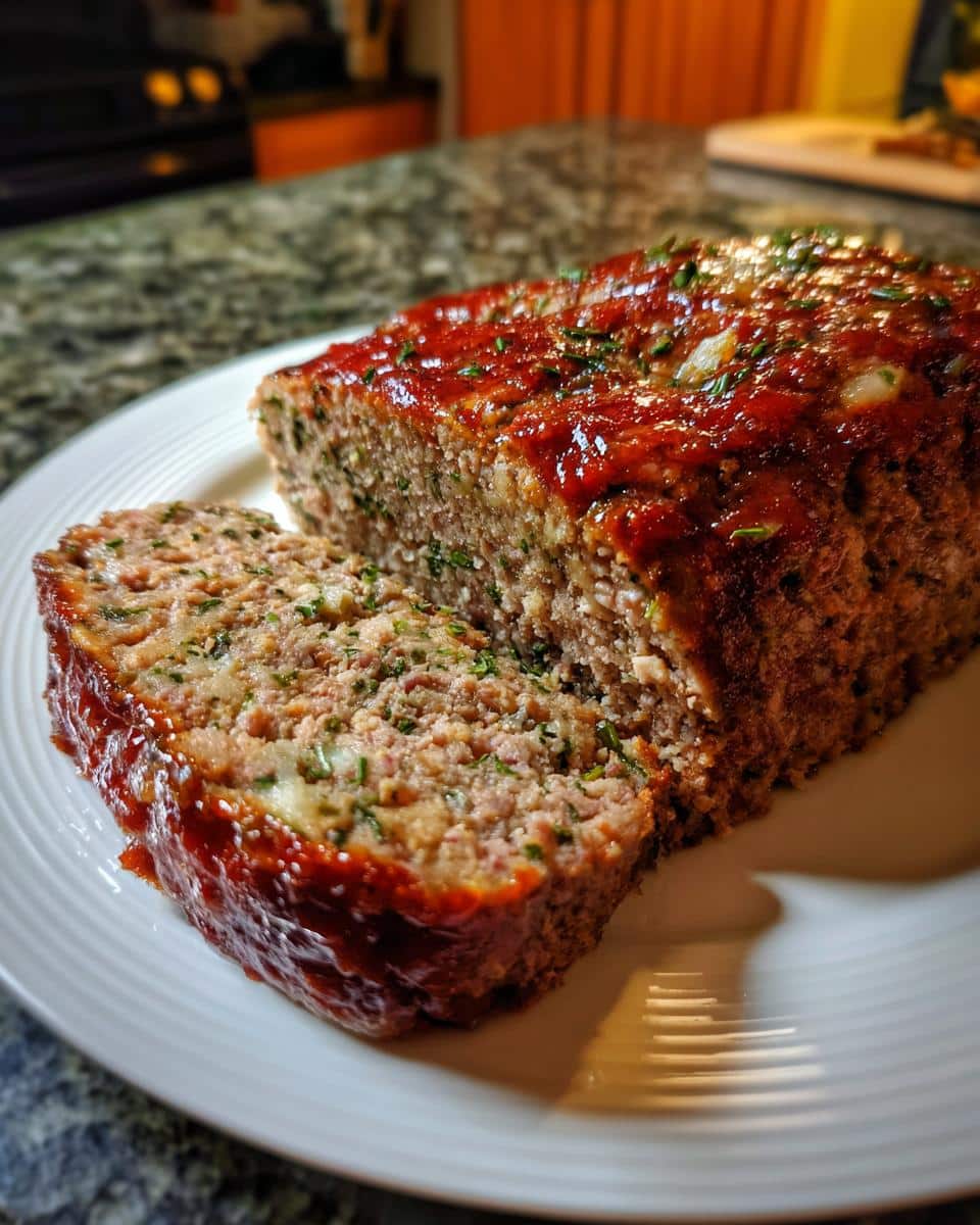 A sliced Italian meatloaf on a white plate, topped with a shiny red glaze and herbs.