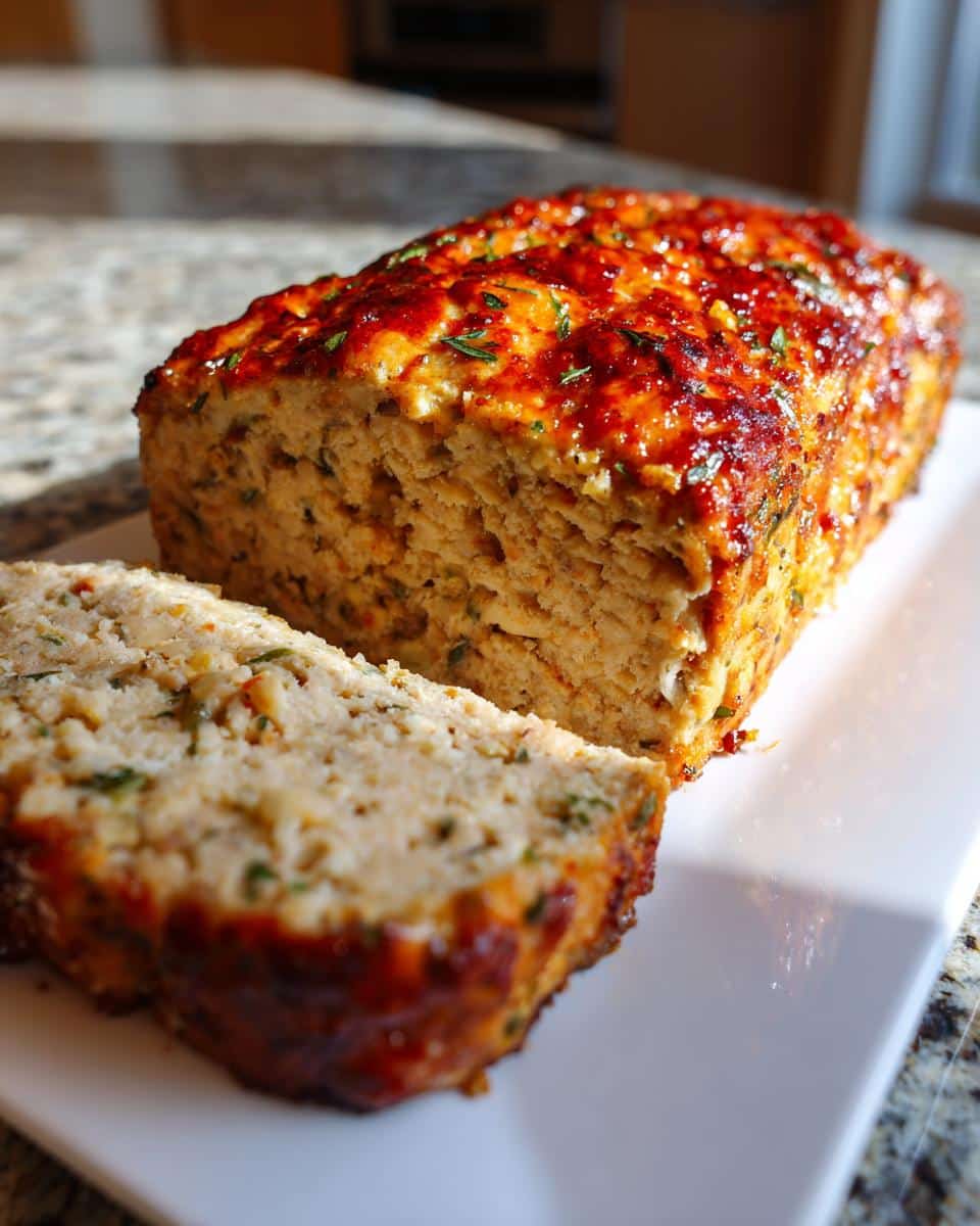 A freshly baked Italian meatloaf, sliced and presented on a white platter, showing the moist interior.