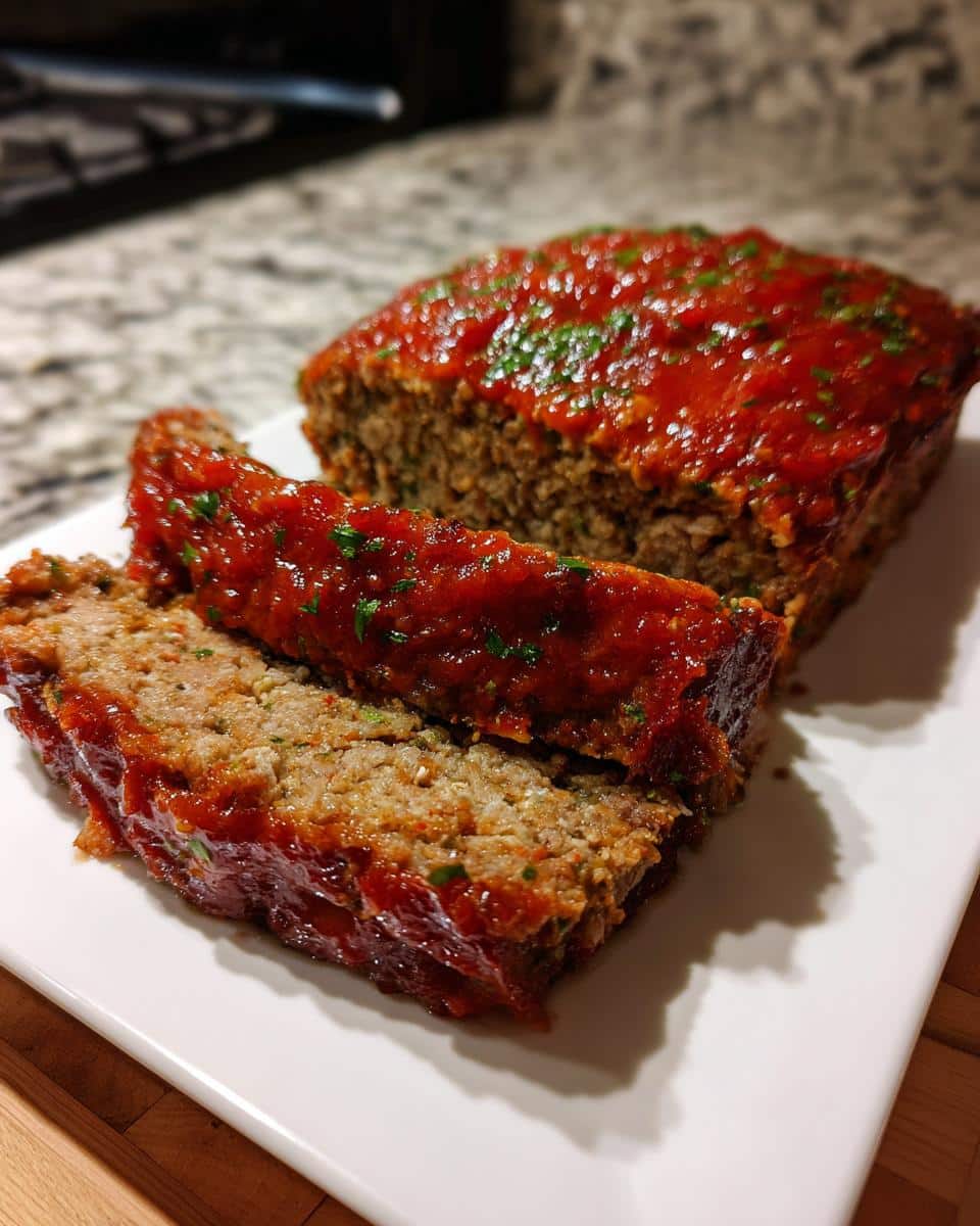 Two slices of Italian meatloaf on a white plate, topped with a vibrant tomato glaze and parsley.