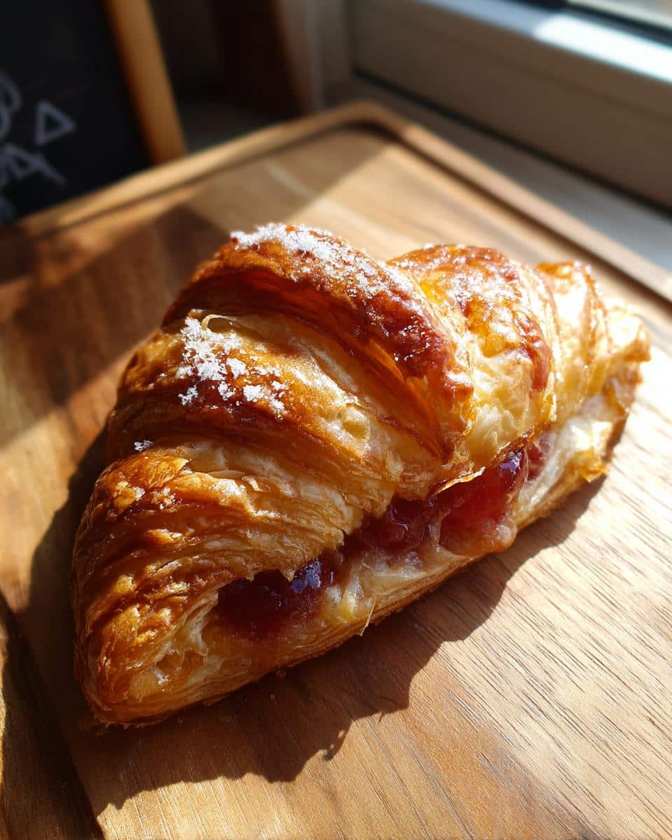 Close up of a jam-filled croissant, one of the easy puff pastry desserts. Sprinkled with sugar on a wooden board.