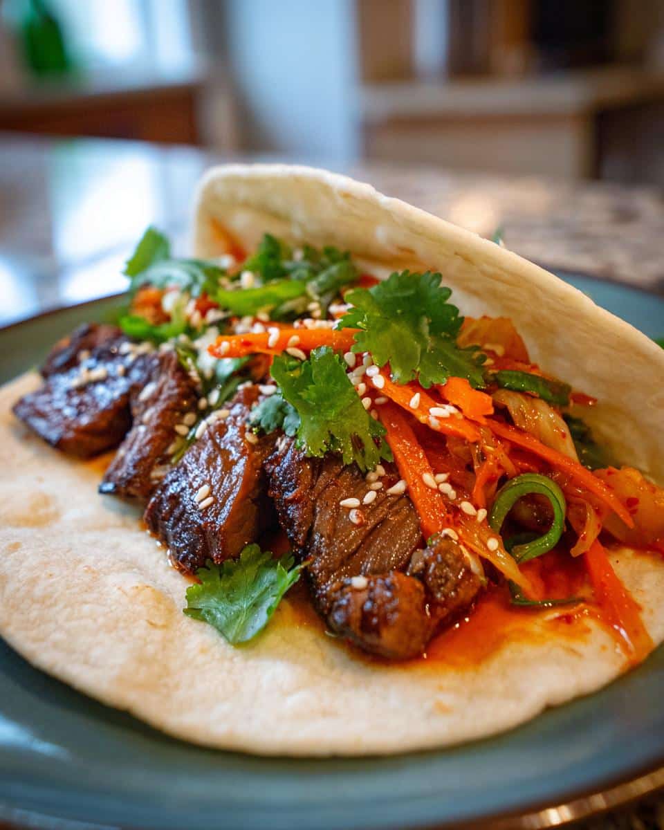 Close-up of a Korean BBQ taco with marinated beef, kimchi, carrots, cilantro and sesame seeds.