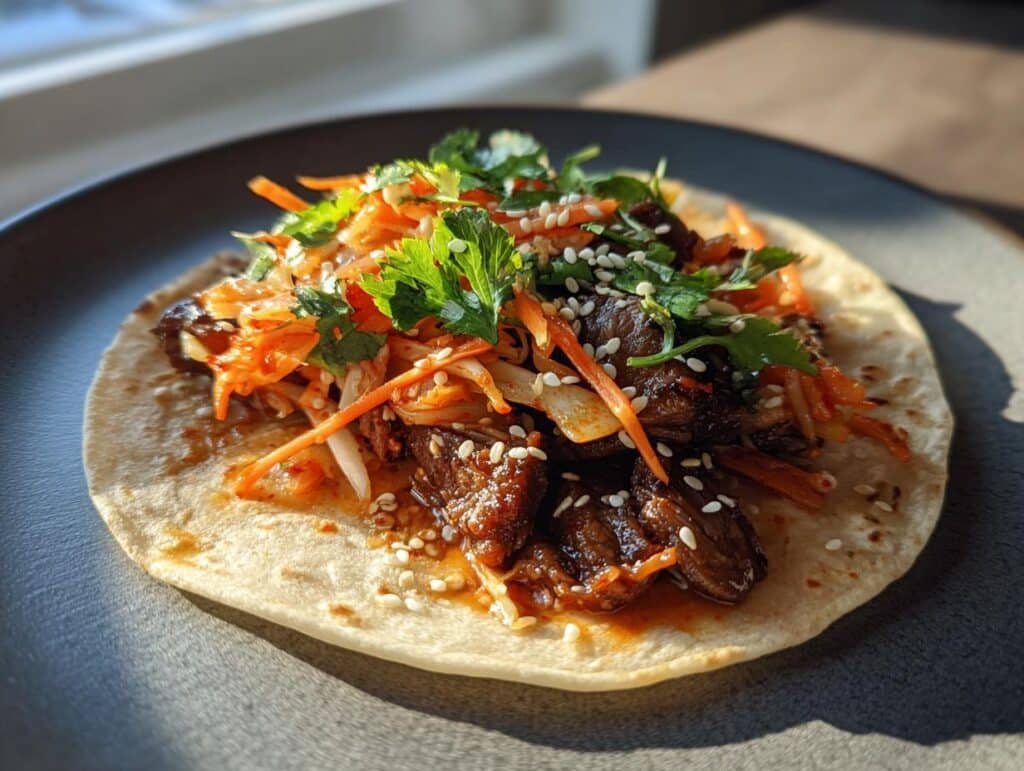 A Korean BBQ Taco on a plate, filled with marinated beef, kimchi slaw, cilantro, and sesame seeds.