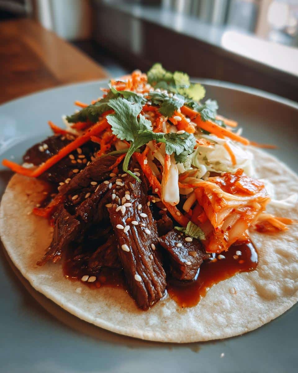 A Korean BBQ taco with marinated beef, kimchi, shredded carrots, and cilantro on a flour tortilla.