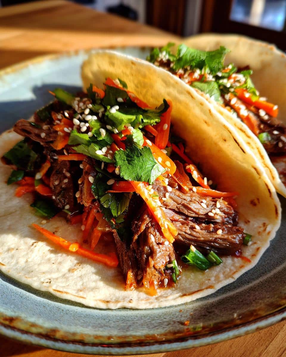 Two Korean BBQ Tacos filled with beef, carrots, cilantro, and sesame seeds on a plate.