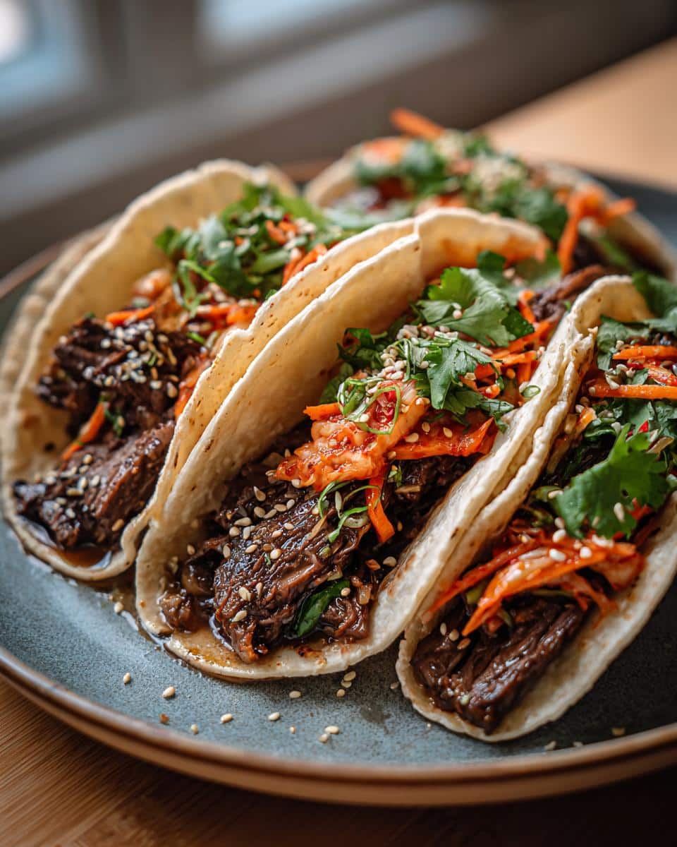 A plate of Korean BBQ Tacos filled with beef, kimchi, cilantro, carrots, and sesame seeds.