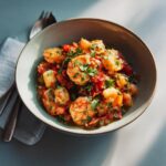 A bowl of delicious langostino lobster recipes, featuring a tomato-based sauce and fresh parsley garnish.