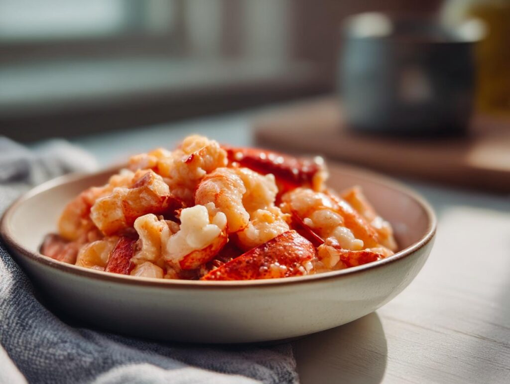 Close-up of a bowl filled with cooked langostino lobster, showcasing its texture and color for langostino lobster recipes.