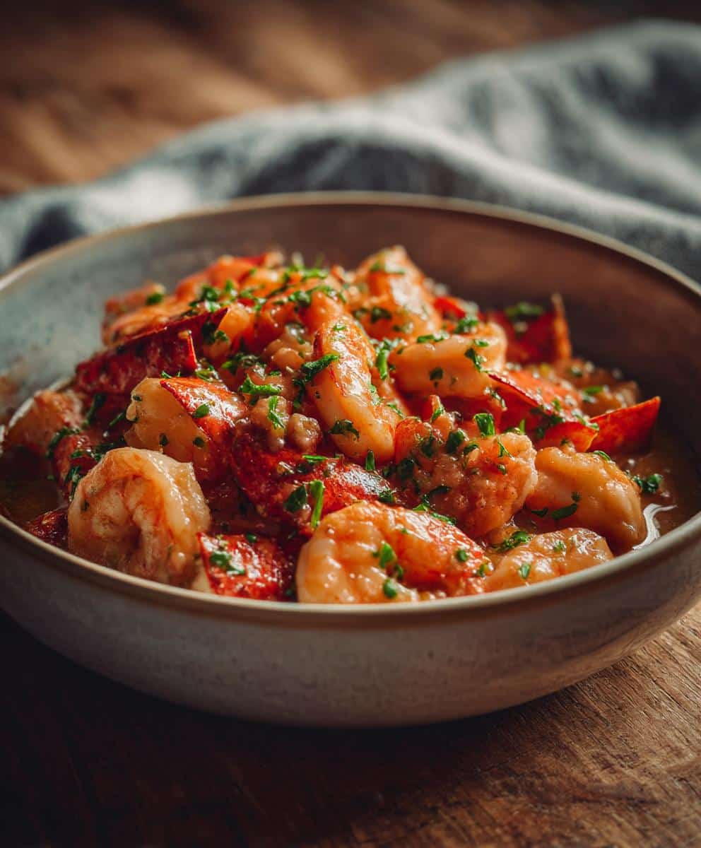Close-up of a bowl filled with a delicious langostino lobster recipes dish, garnished with fresh herbs.