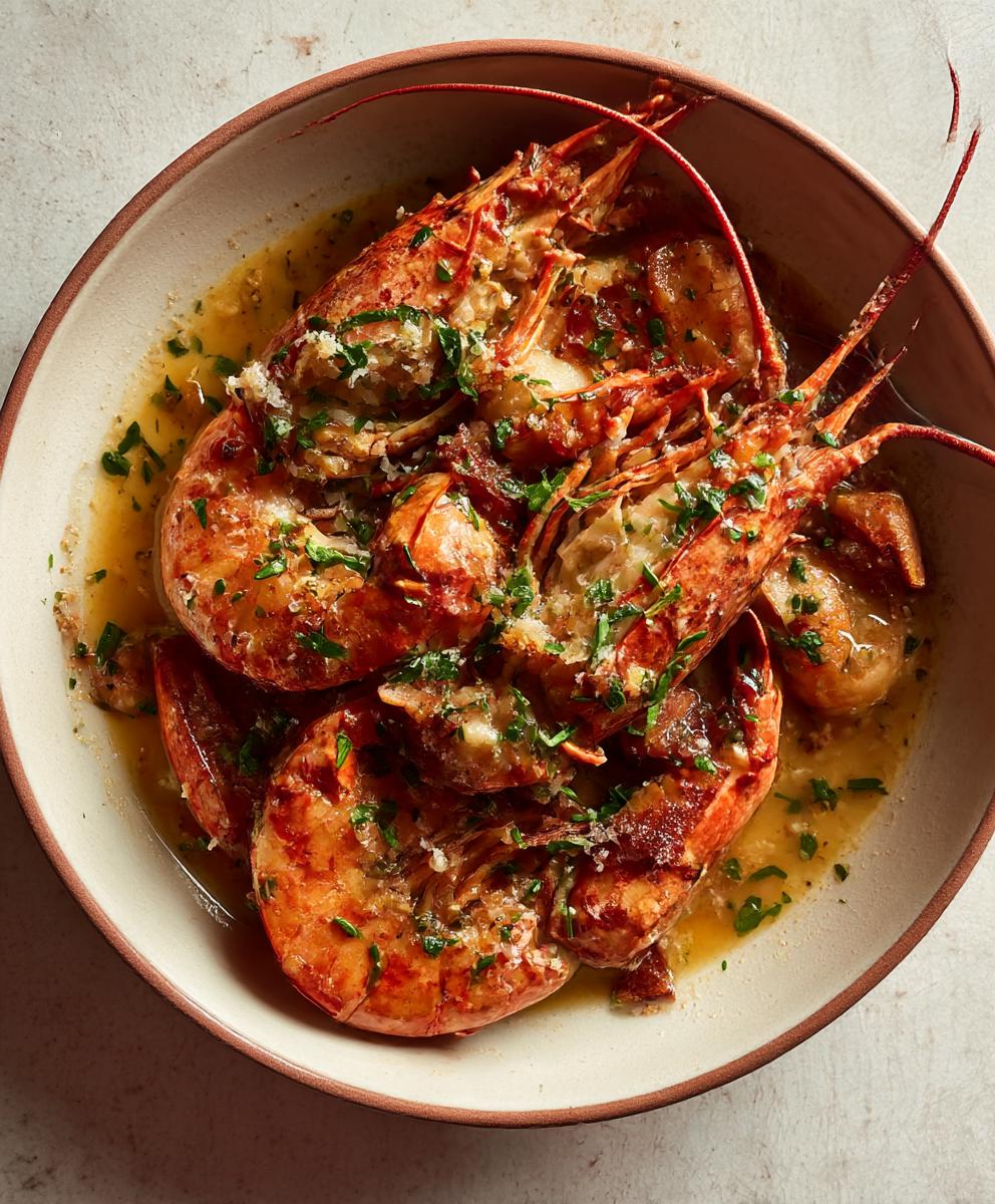 Bowl of cooked langostino lobster recipes with garlic butter sauce and parsley garnish.