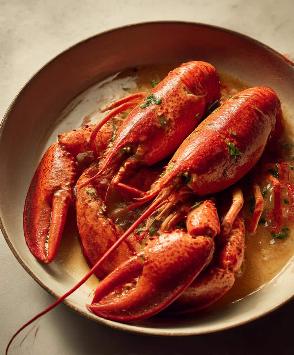 A plate of cooked langostino lobster recipes, featuring bright red shells and a savory sauce.