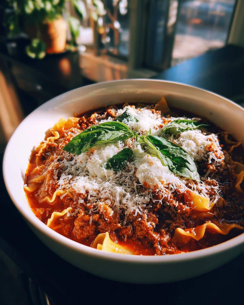 A bowl of Lasagna Soup topped with cheese and basil, showcasing the rich, hearty ingredients.