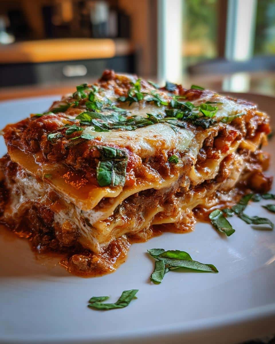 A close-up of a layered dish resembling Lasagna Soup, topped with cheese and fresh basil.