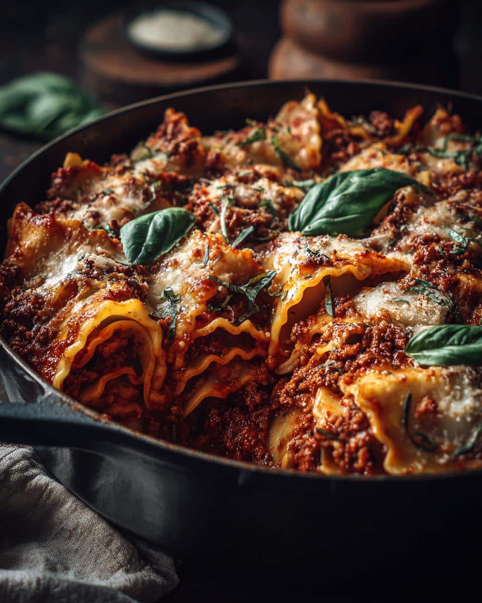Close-up of Lasagna Soup in a cast iron pan, topped with cheese and basil leaves.