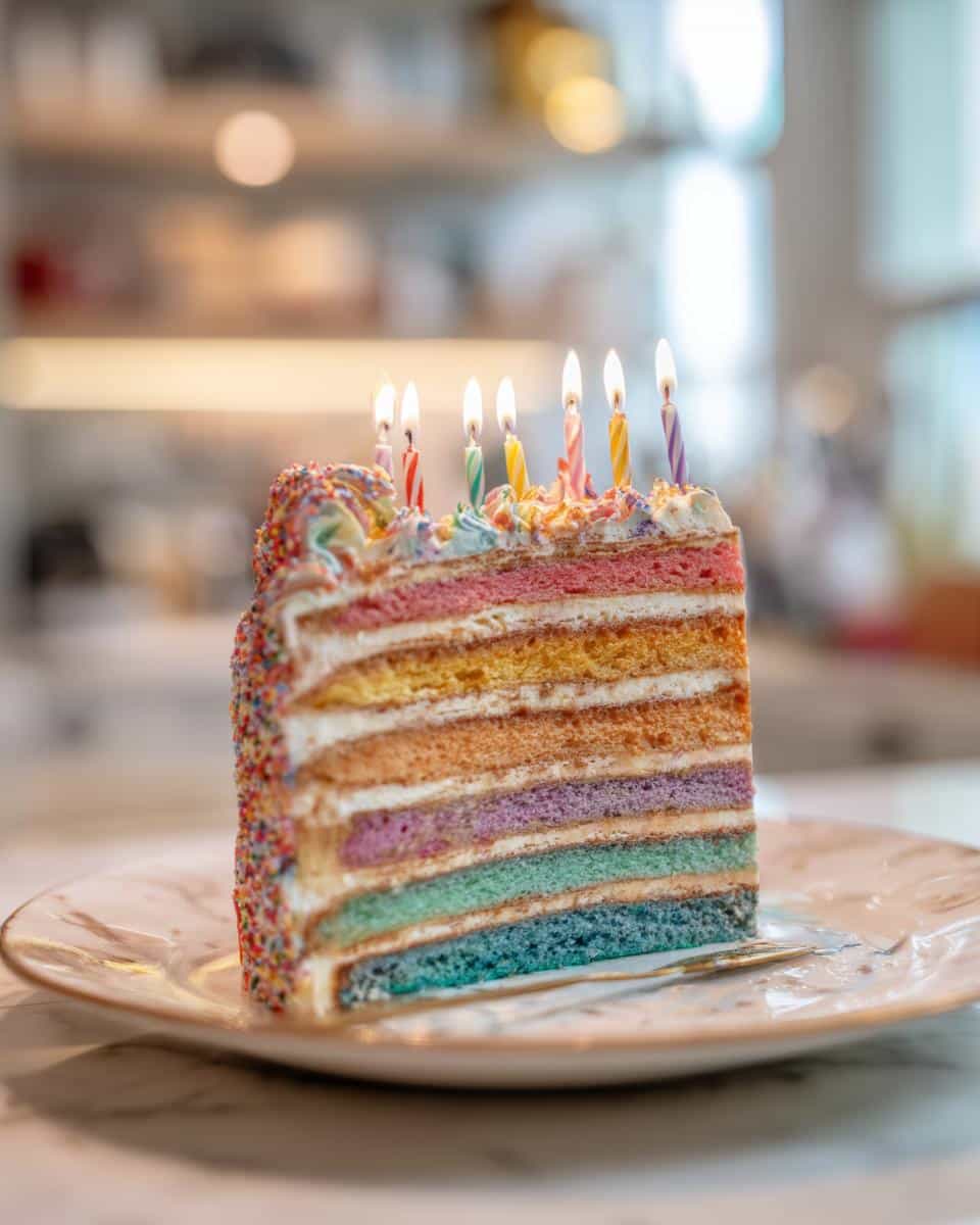 Slice of colorful layered birthday cake with lit candles, perfect for a birthday cake drawing reference.