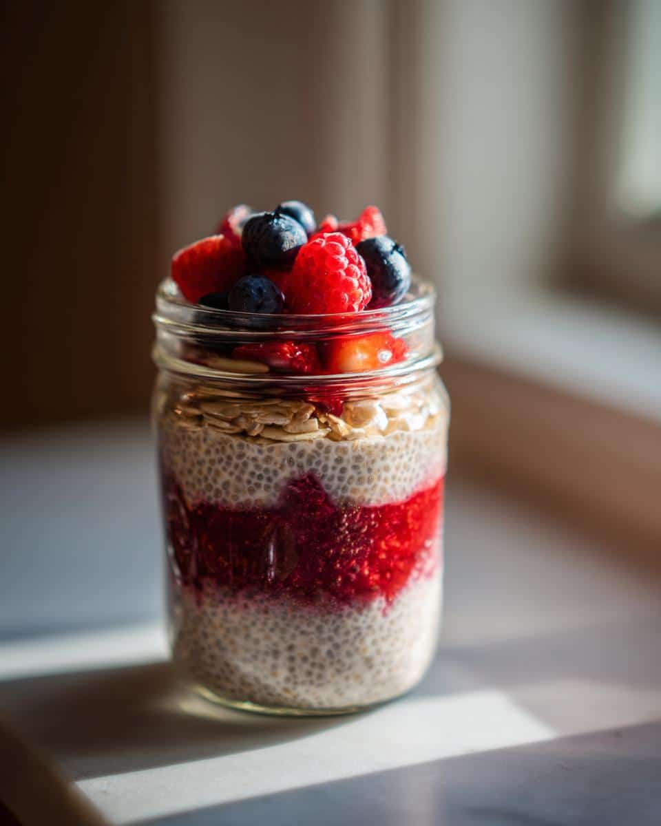 Layered chia pudding in a jar, featuring chia seeds, berry puree, oats, and fresh blueberries and raspberries.