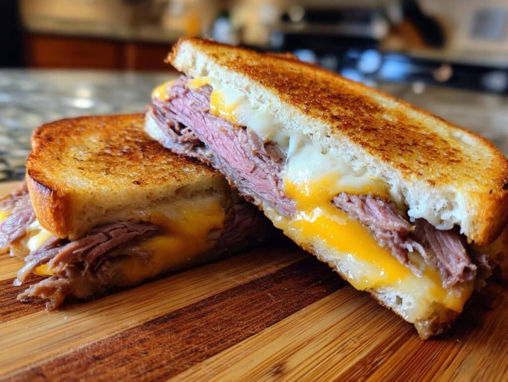 Grilled sandwich filled with leftover roast beef and melted cheese, showcasing a delicious leftover roast beef recipes idea.