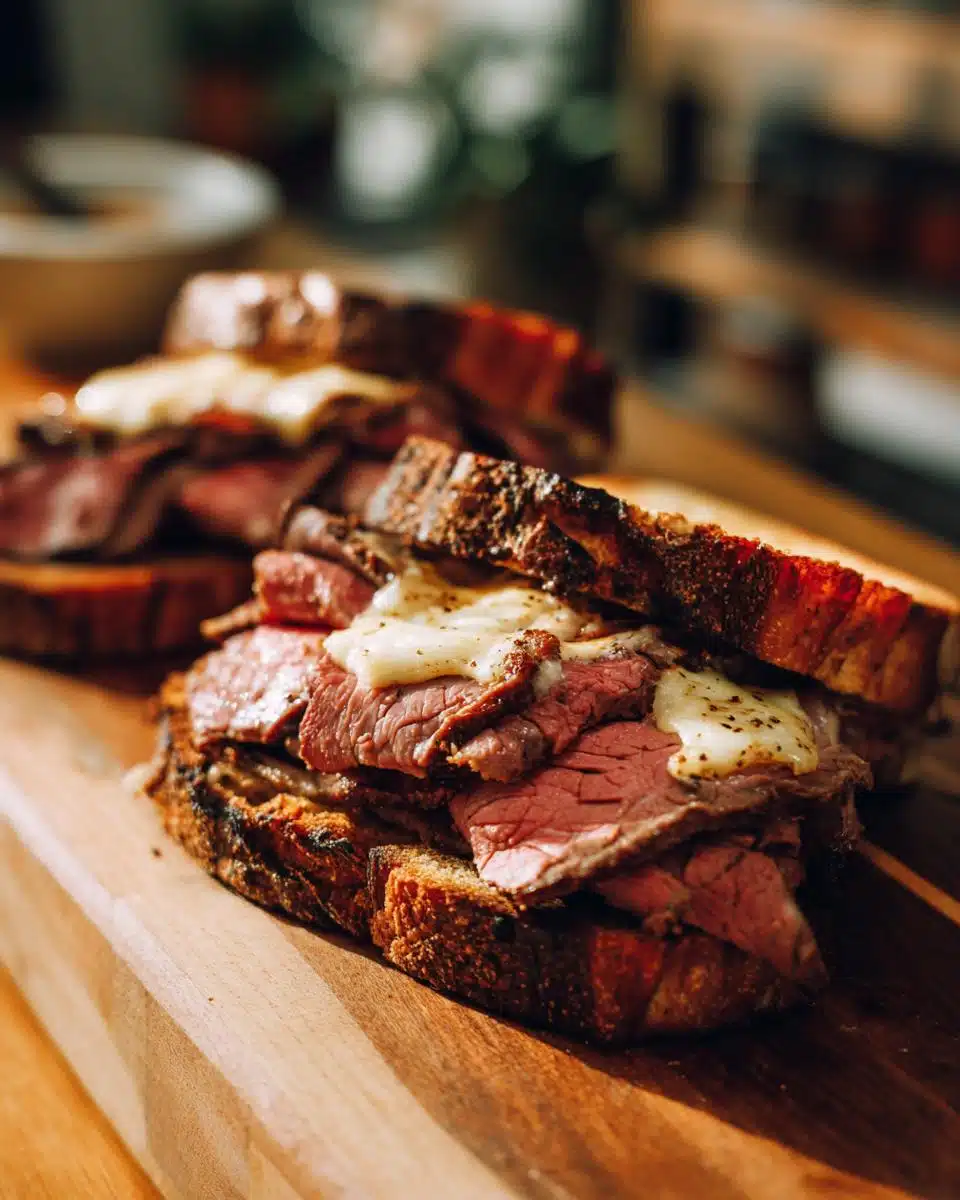 A close-up of a leftover roast beef sandwich with melted cheese on toasted bread, part of leftover roast beef recipes.