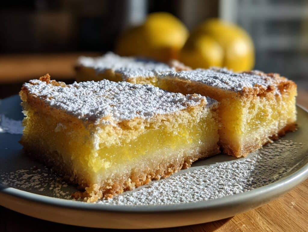 Close-up of lemon bars 9x13 pan, sliced and dusted with powdered sugar on a plate with lemons in the background.