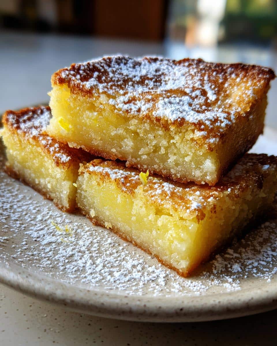 Three lemon bars 9x13 pan are stacked on a plate, dusted with powdered sugar.