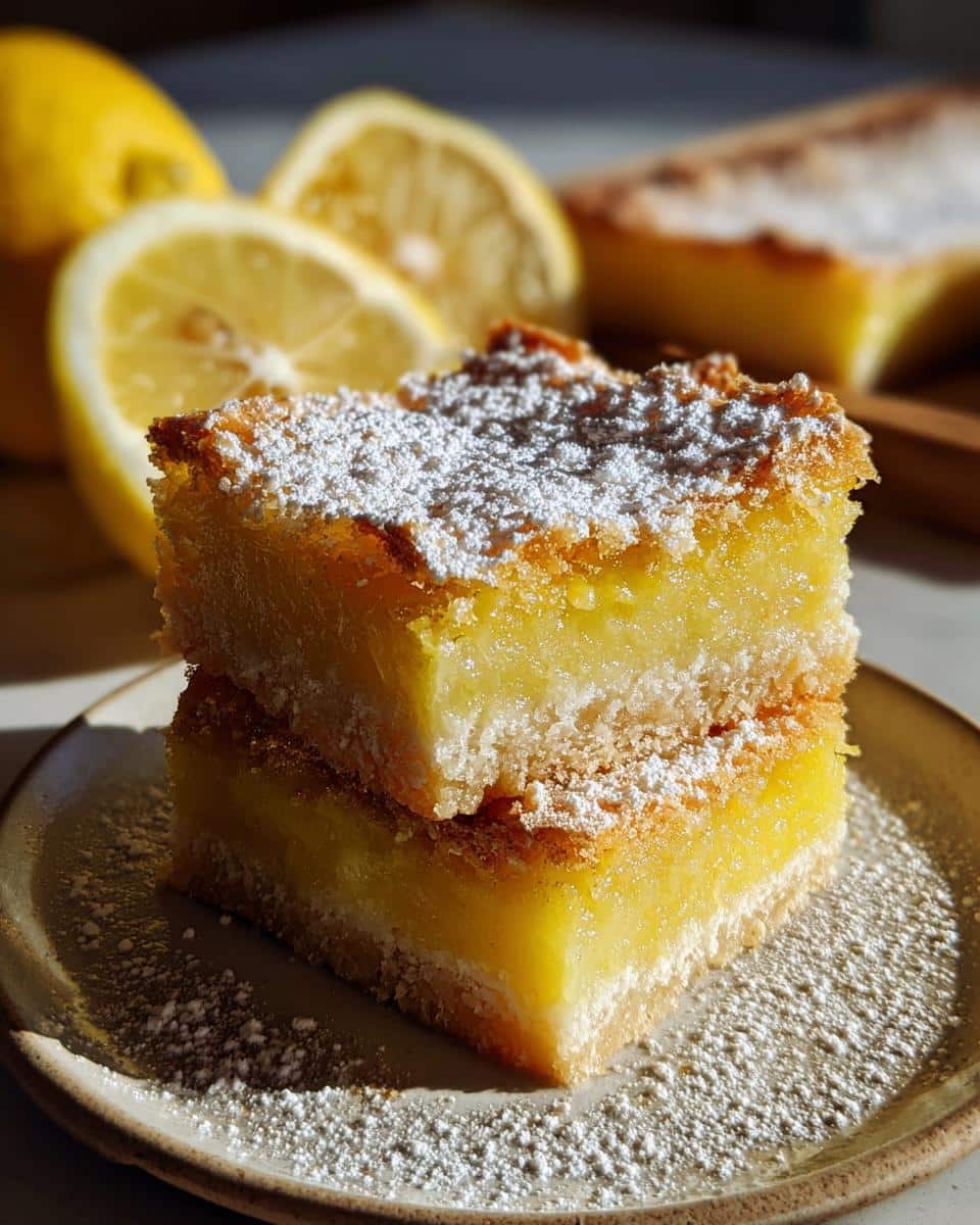 Two lemon bars 9x13 pan stacked on a plate, dusted with powdered sugar. Lemons in the background.