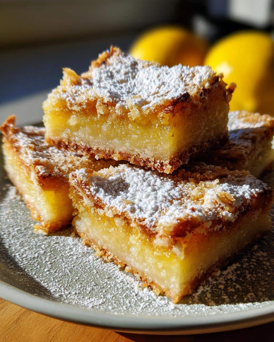 A stack of delicious lemon bars 9x13 pan, dusted with powdered sugar, sits on a gray plate.