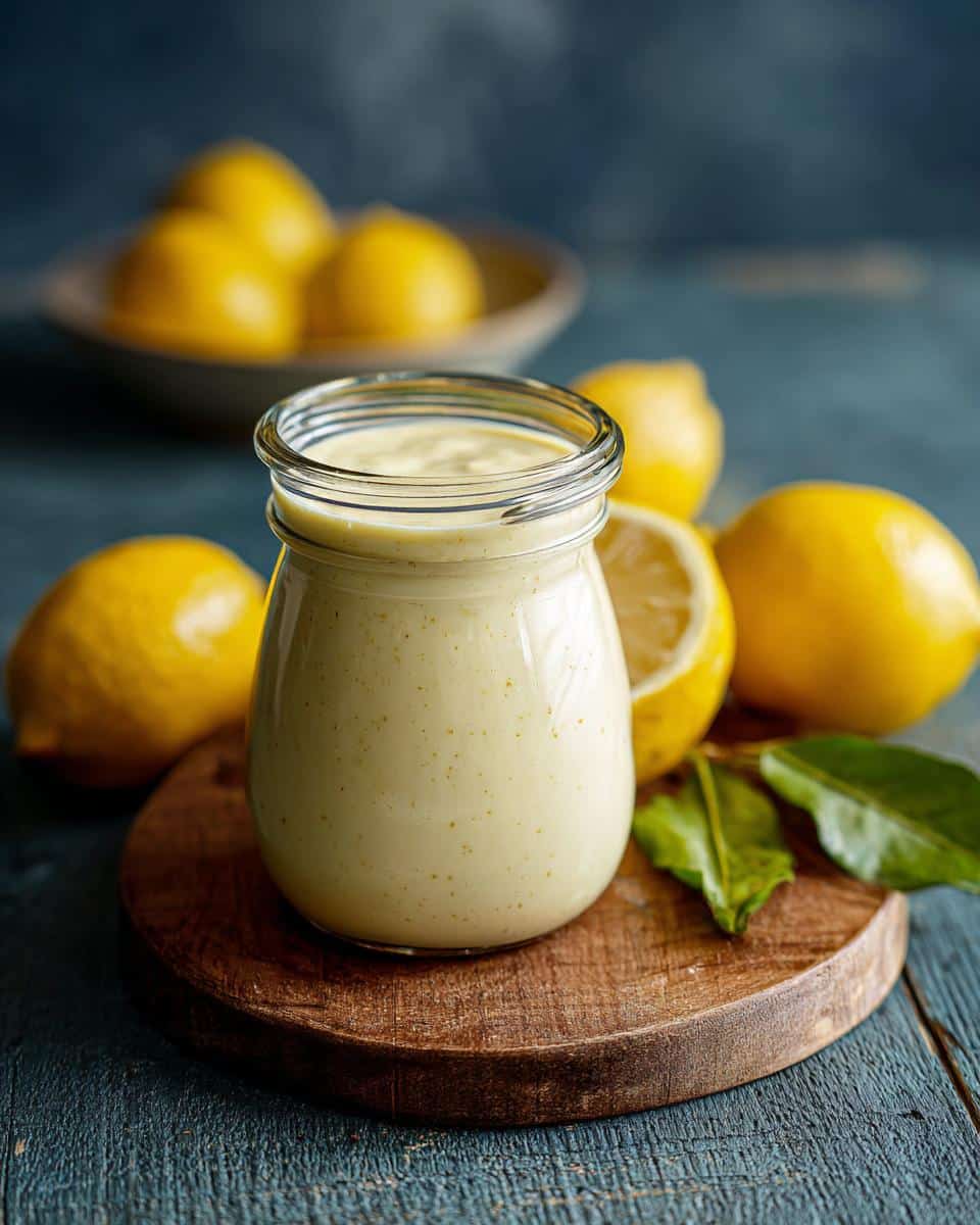 A jar of creamy lemon dressing recipe surrounded by fresh lemons and green leaves.