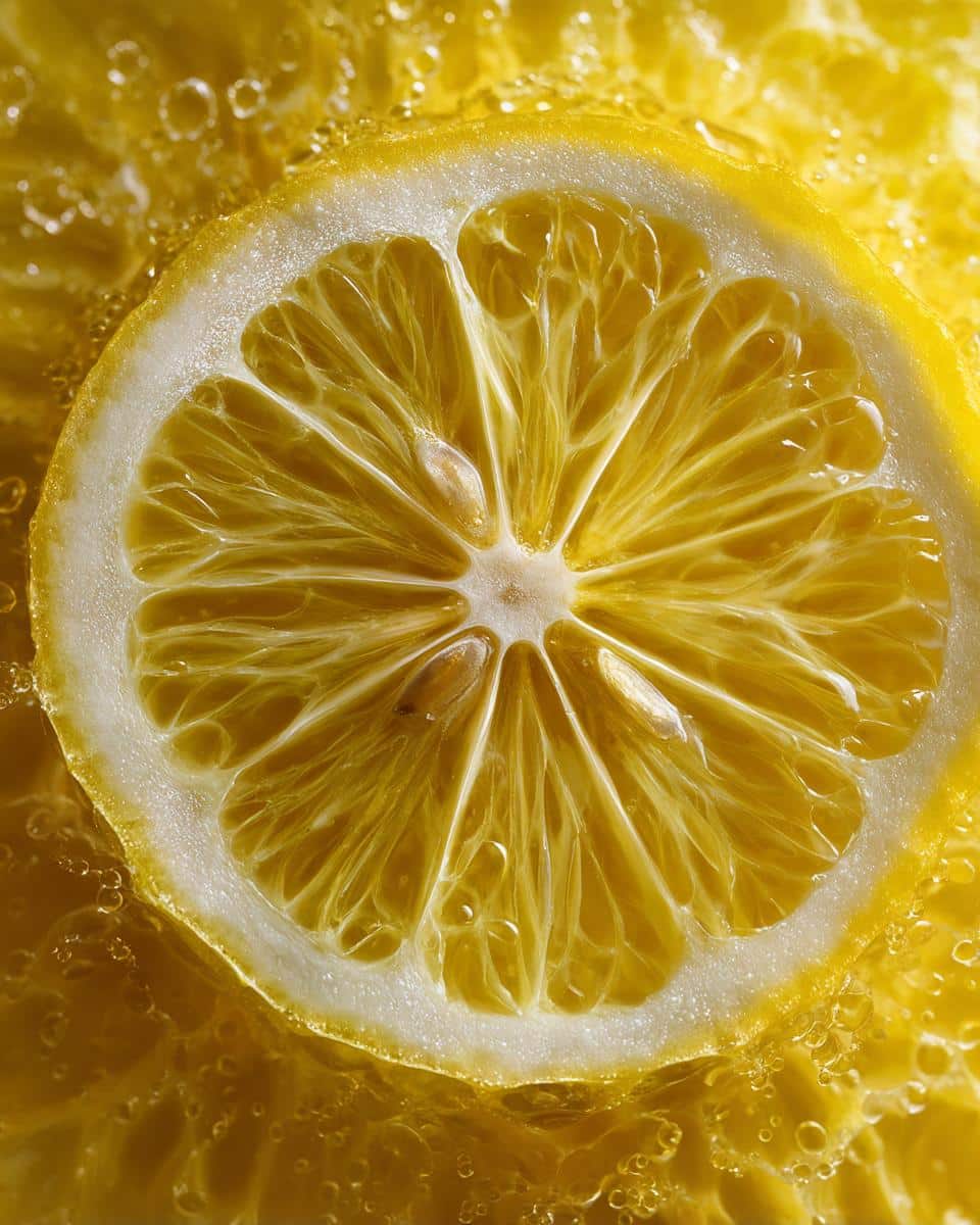 Close-up of a juicy lemon slice surrounded by bubbles, perfect for a lemon dressing recipe.