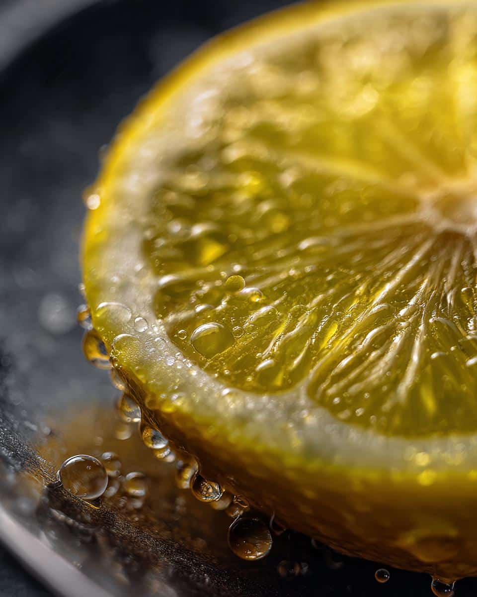 Close-up of a juicy lemon slice with water droplets, perfect for a lemon dressing recipe.