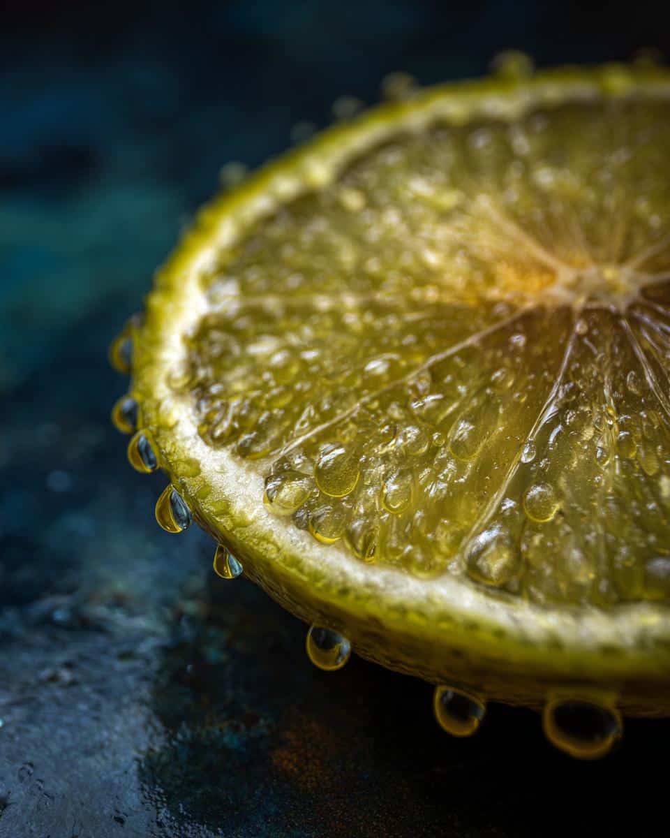 Close-up of a juicy lemon slice with water droplets, perfect for a lemon dressing recipe.