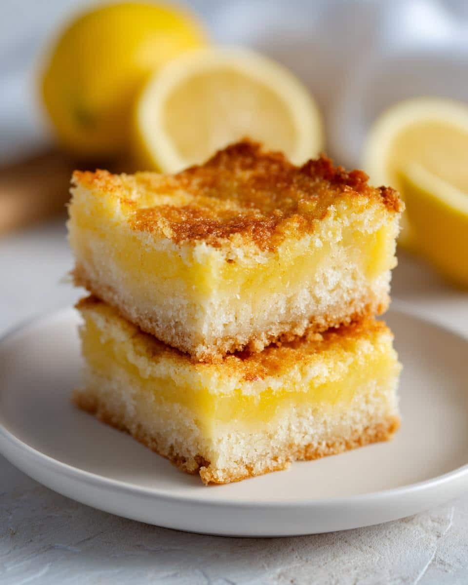 Two lemon squares stacked on a white plate, with lemons in the background. Delicious lemon squares!
