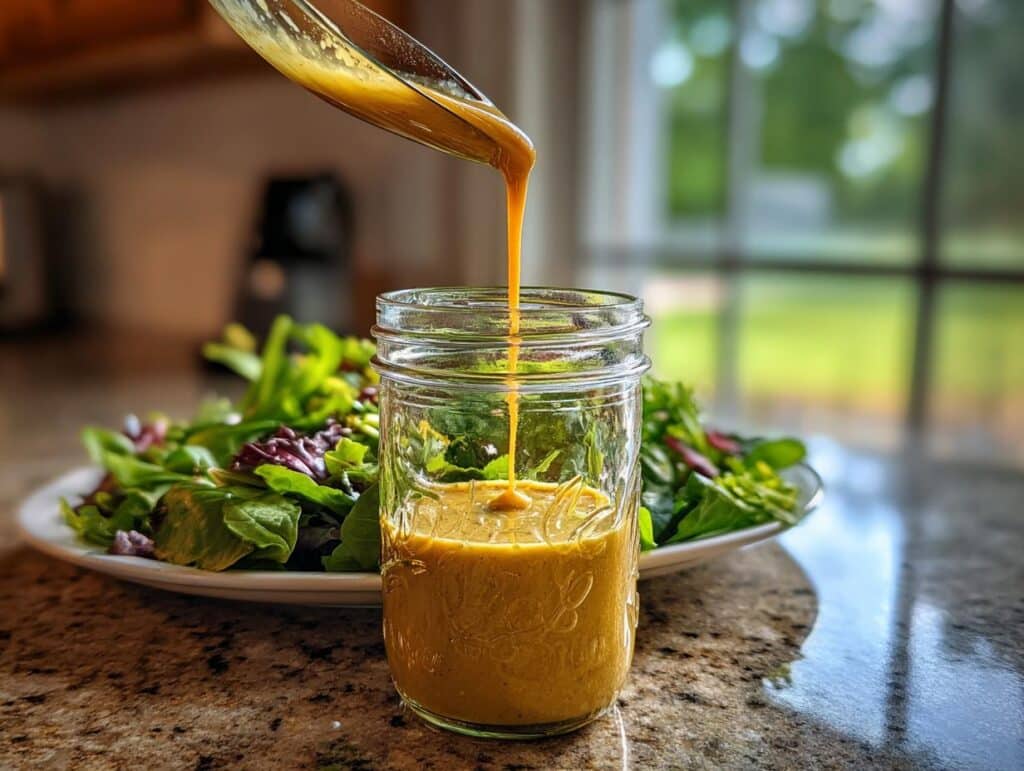 Lemon vinaigrette dressing being poured into a glass jar, with a salad in the background.