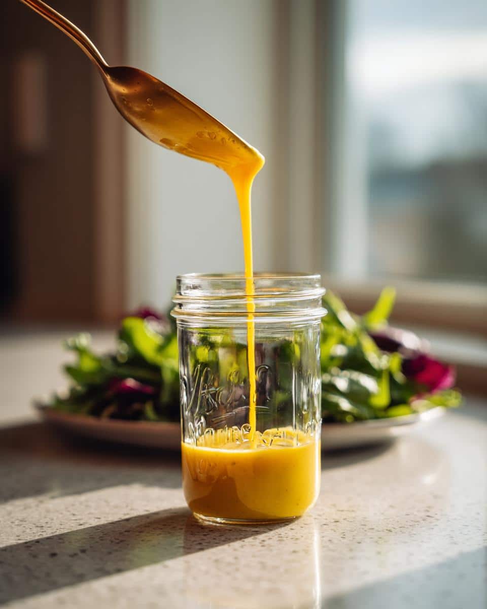 Pouring homemade lemon vinaigrette dressing into a glass jar, with a salad in the background.
