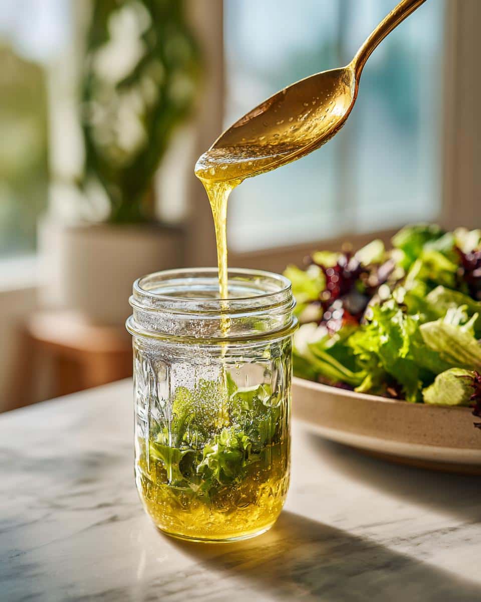 Golden spoon pouring lemon vinaigrette dressing into a jar with herbs, salad in background.