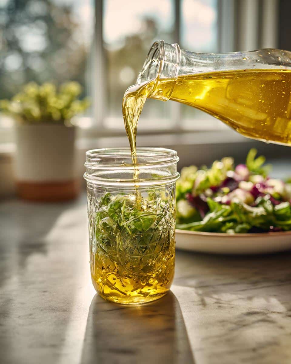 Pouring oil into a jar with herbs for lemon vinaigrette dressing. Salad in background.