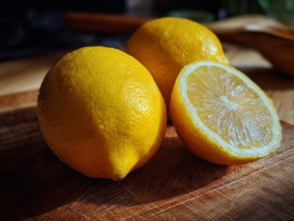 Three lemons, one cut in half, on a wooden cutting board for a lemon dressing recipe.
