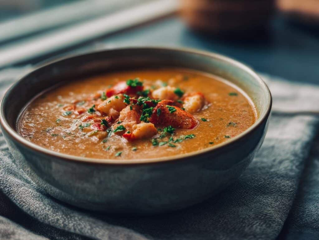 A bowl of delicious lobster bisque recipe, garnished with lobster meat and fresh herbs, sitting on a gray linen.