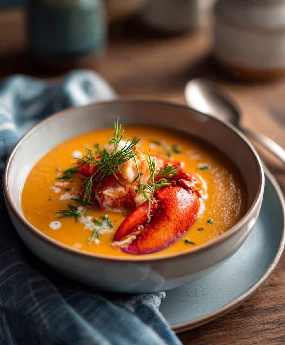 A bowl of creamy lobster bisque recipe, garnished with lobster claw meat and fresh dill.