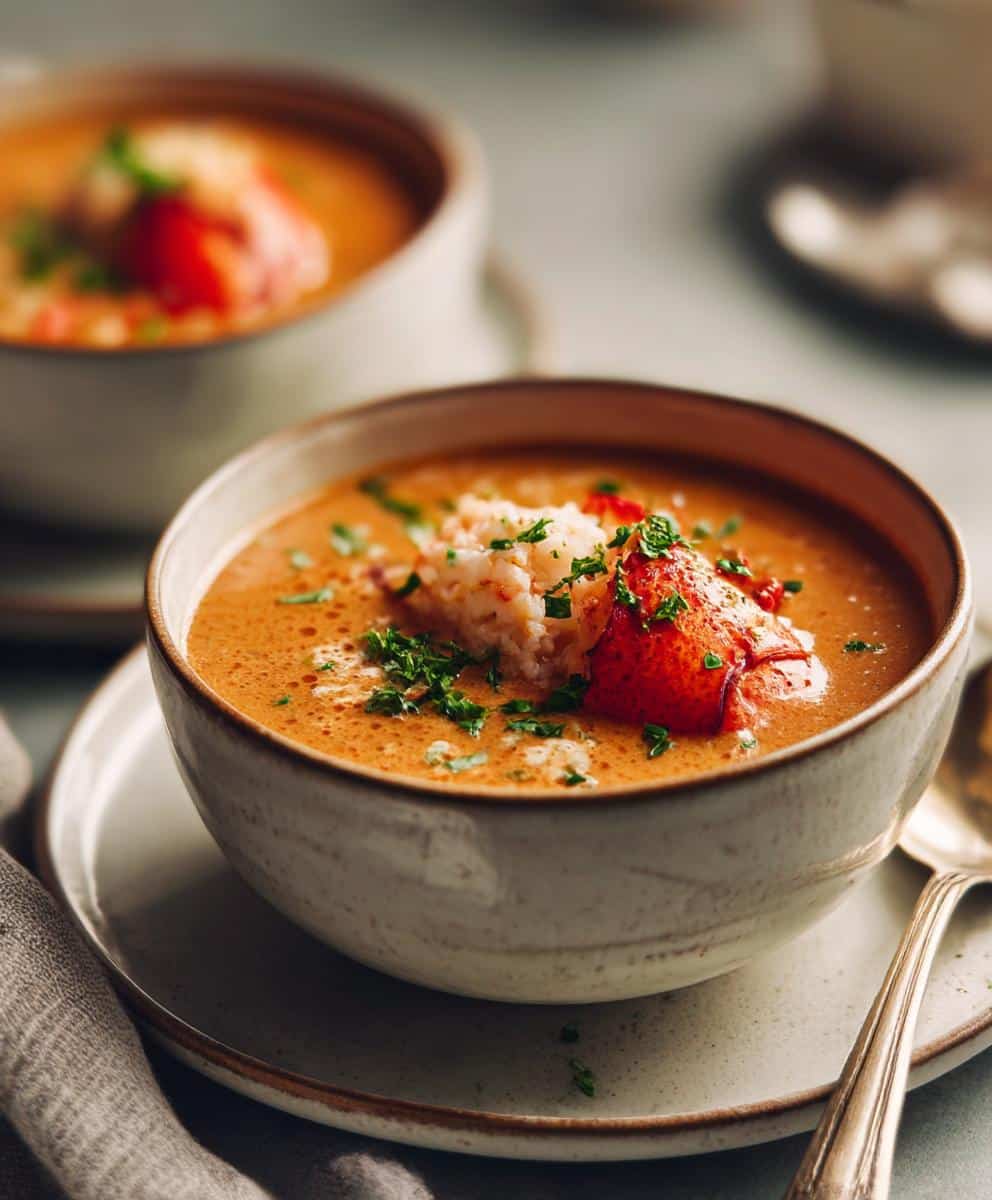 Close-up of a bowl of creamy lobster bisque recipe, garnished with lobster meat and fresh herbs.