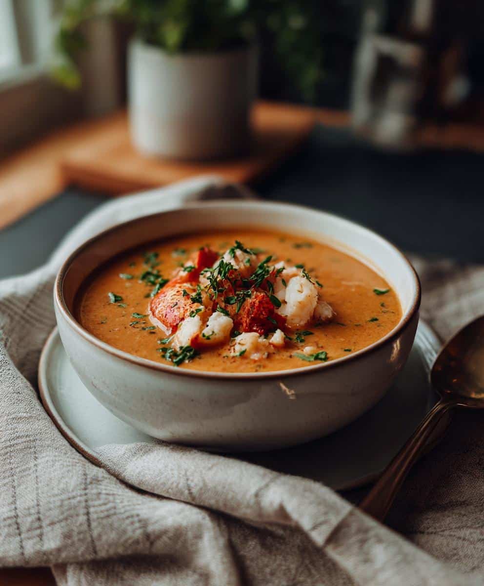 A bowl of creamy lobster bisque recipe, garnished with lobster meat and fresh herbs, sits on a linen cloth with a spoon.
