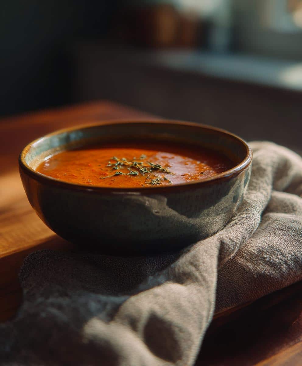 A bowl of creamy lobster bisque recipe, garnished with herbs, sits on a wooden surface with a linen cloth.