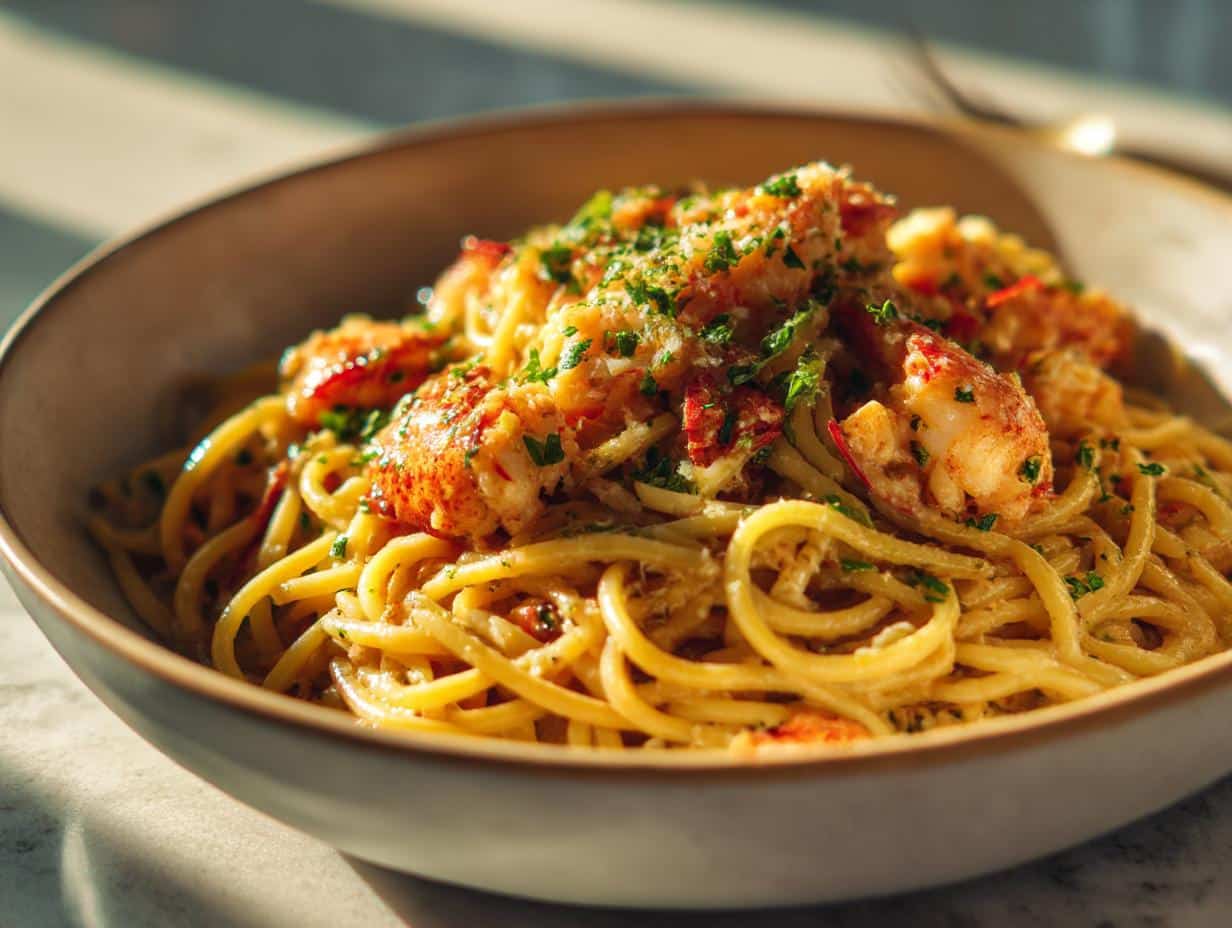 Bowl of creamy lobster pasta recipe, garnished with fresh herbs and succulent lobster pieces.