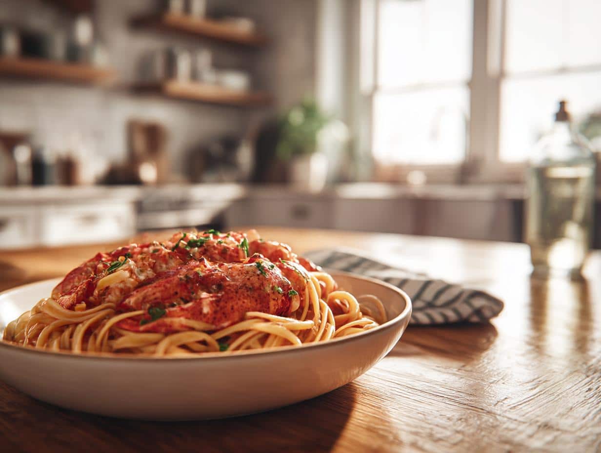 A bowl of lobster pasta recipe, featuring fresh lobster meat and a vibrant sauce on a bed of spaghetti.