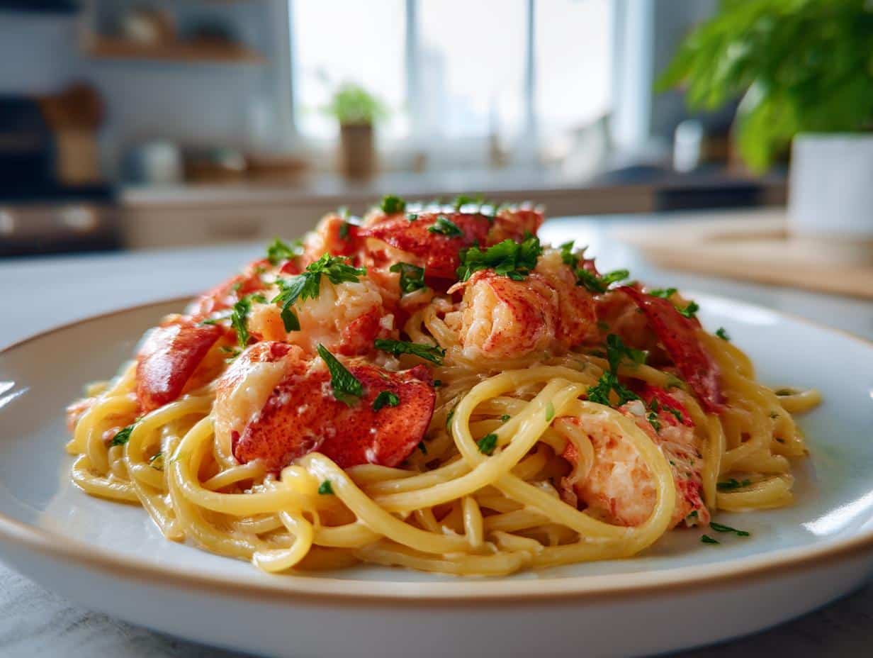 Close-up of a plate of lobster pasta recipe, featuring creamy sauce, lobster chunks, and fresh herbs.