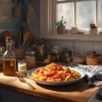 A plate of lobster pasta recipe, featuring linguine and lobster meat, sits on a wooden counter in a bright kitchen.