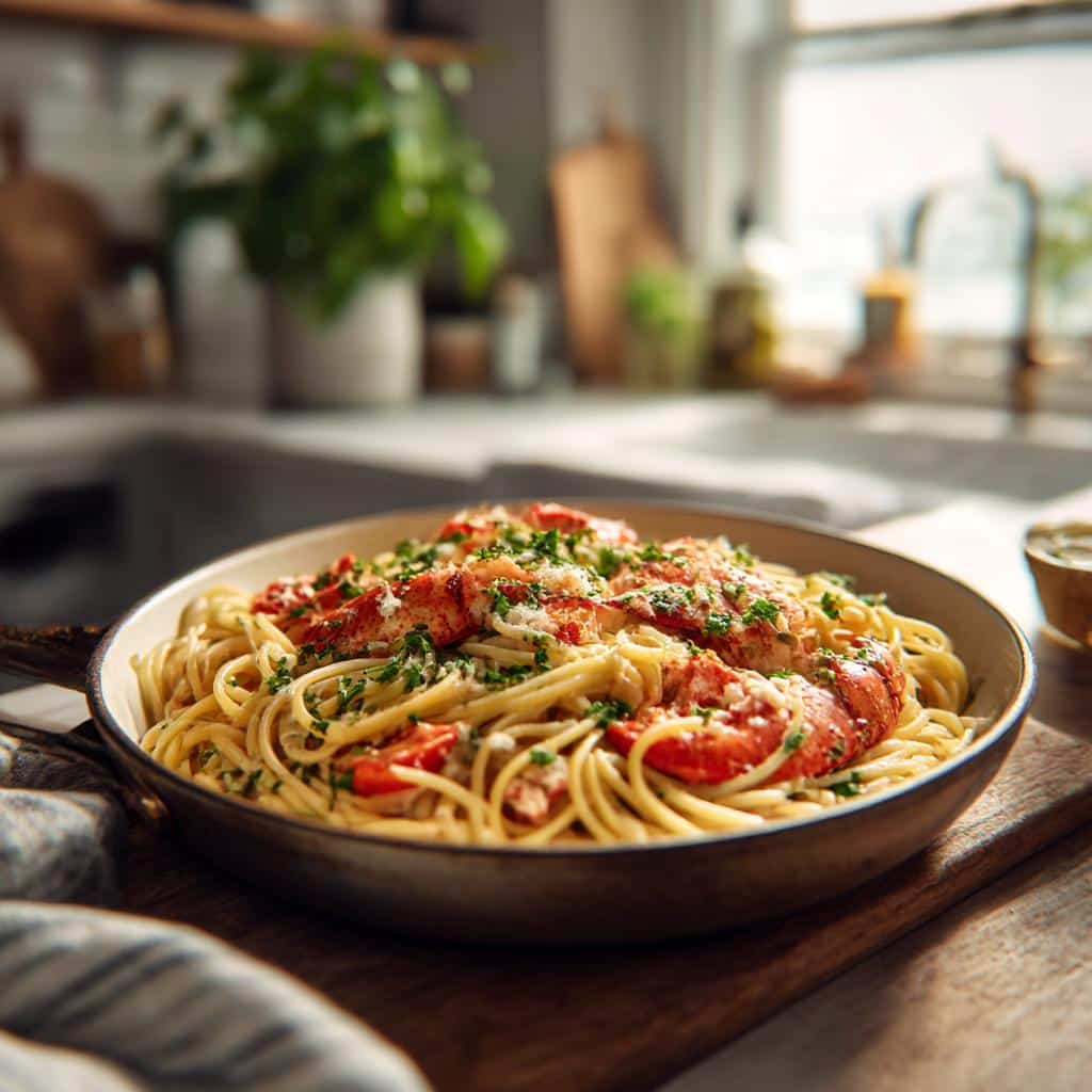 A pan of creamy lobster pasta recipe, featuring succulent lobster meat and spaghetti.