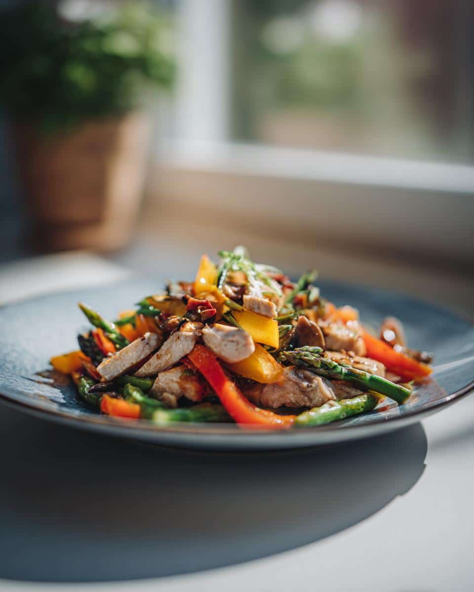 A colorful chicken and vegetable stir-fry, a healthy Makayla Thomas fit recipes dish, on a blue plate.
