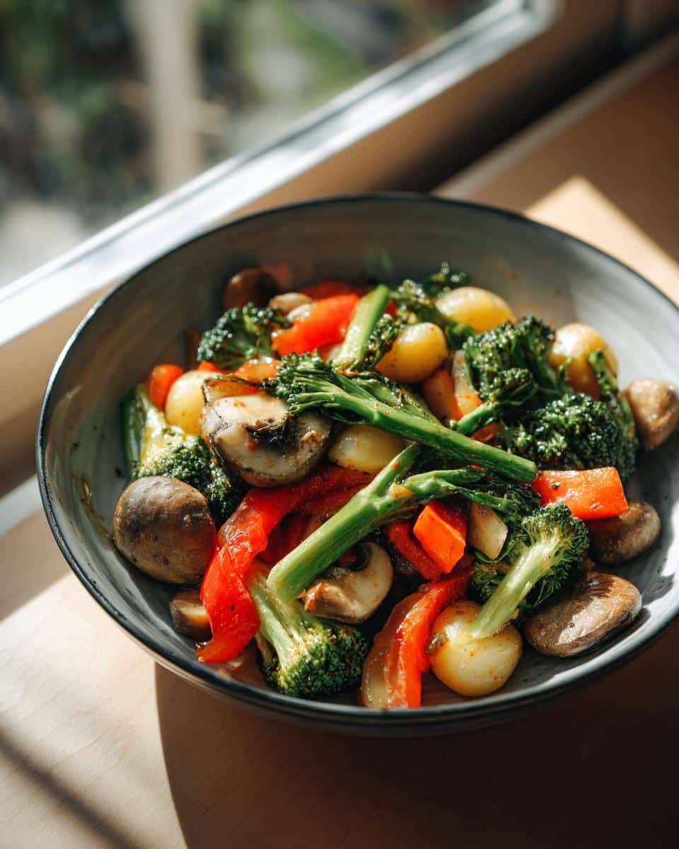 A colorful bowl of vegetables, part of Makayla Thomas fit recipes, including broccoli, mushrooms, peppers, and potatoes.
